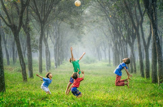 dzieci bawią sie piłką w lesie